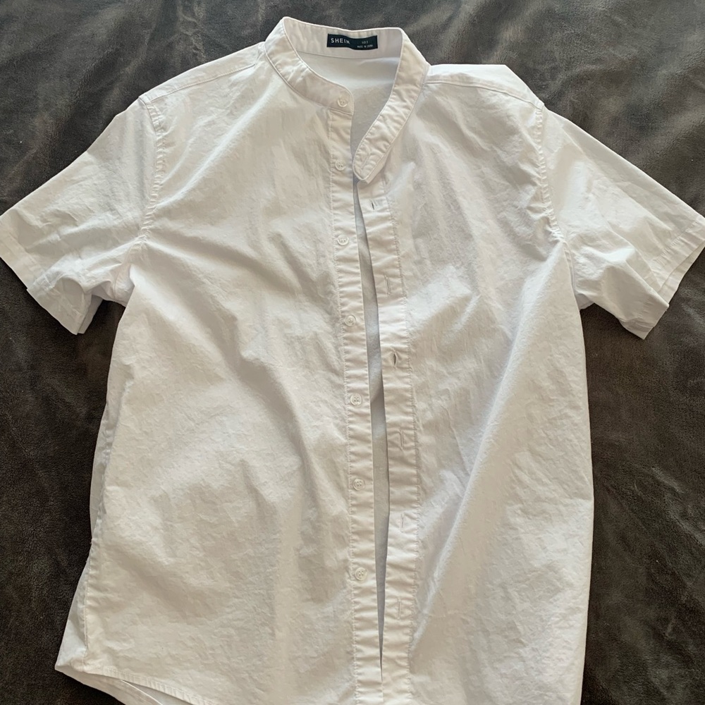 White button down shirt with no collar